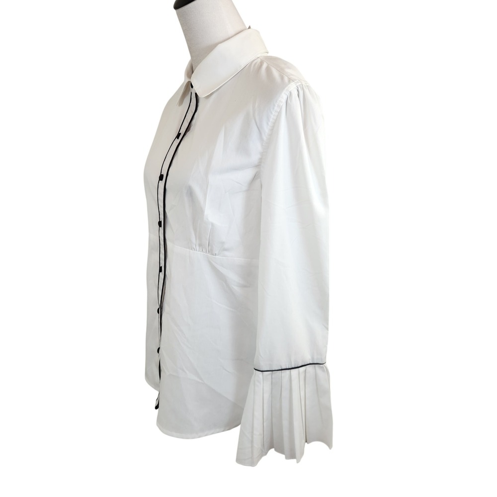 Dress Barn Womens Medium White Black Trim Pleated Bell Sleeve Button Down Shirt - Picture 4 of 10
